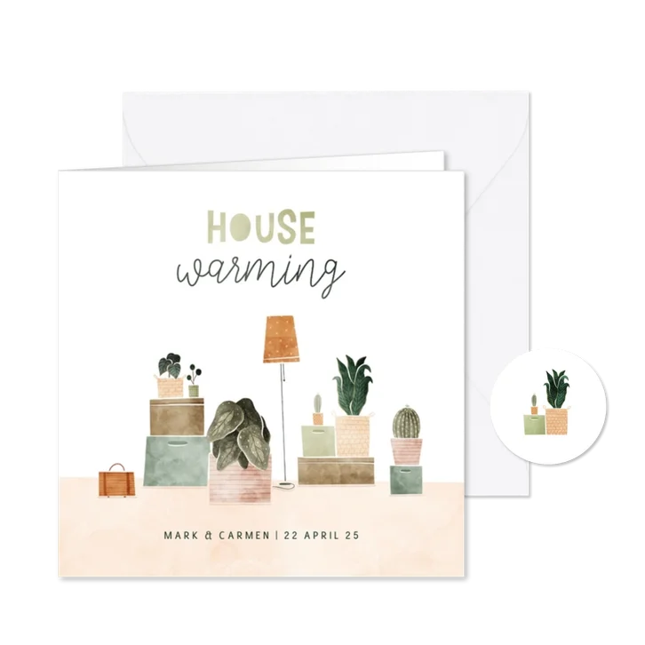 Uitnodiging housewarming met plantjes en verhuisdozen