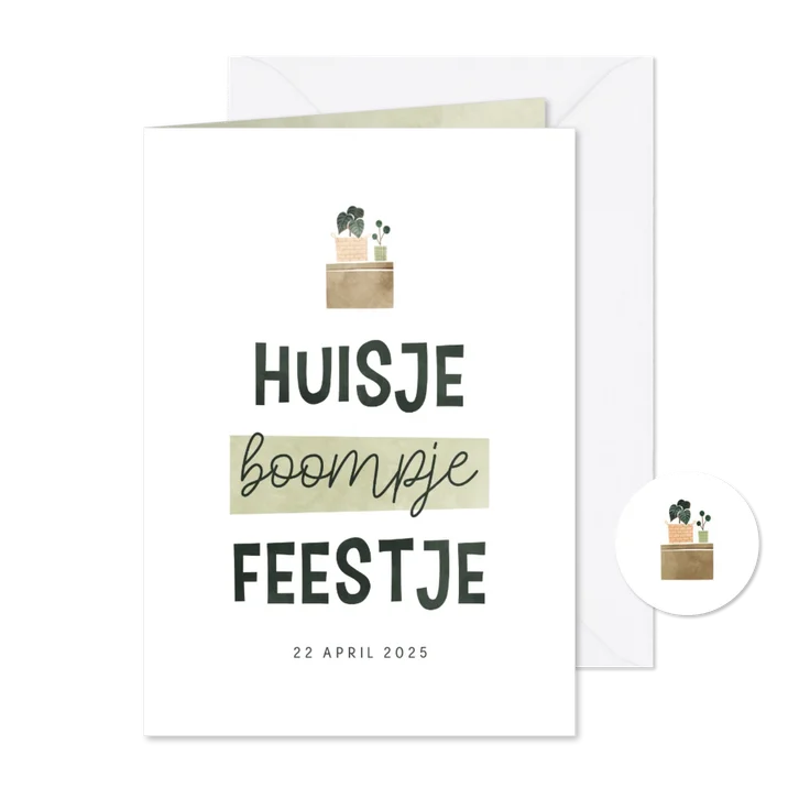 Uitnodiging housewarming met verhuisdoos en plantjes