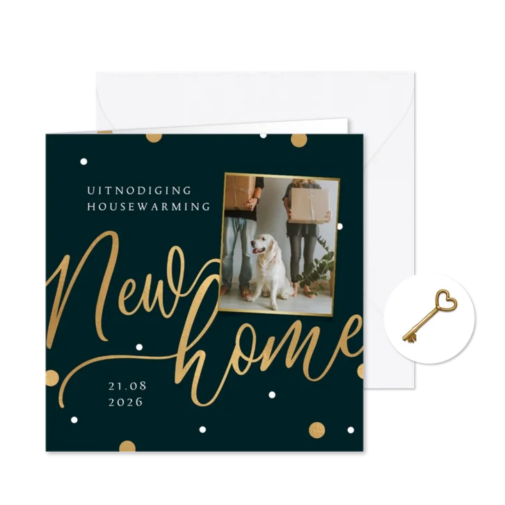 Uitnodiging housewarming new home goud confetti foto