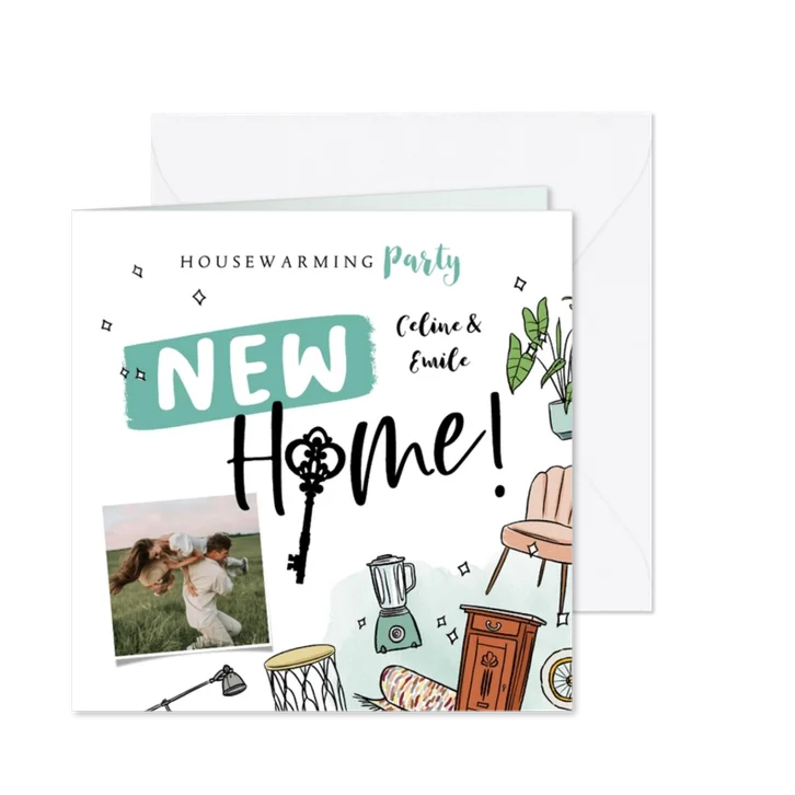 Uitnodiging housewarming party foto meubels voorwerpen