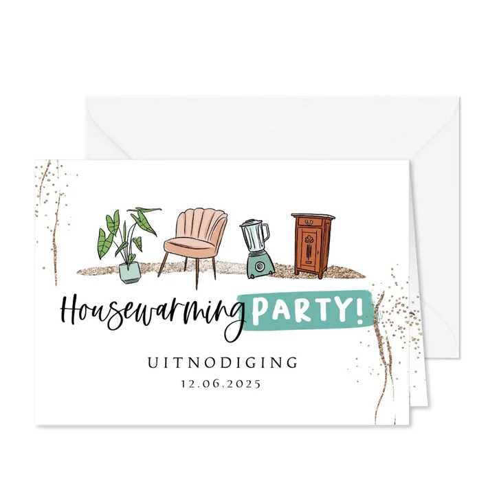 Uitnodiging 'Housewarming Party!' meubels plant glitter