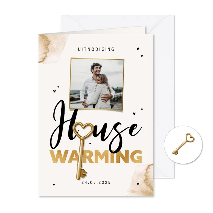 Uitnodiging housewarming sleutel waterverf foto goud