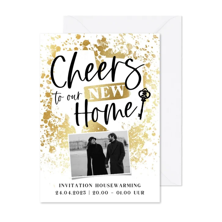 Uitnodiging housewarming wijnglazen confetti goud sleutel