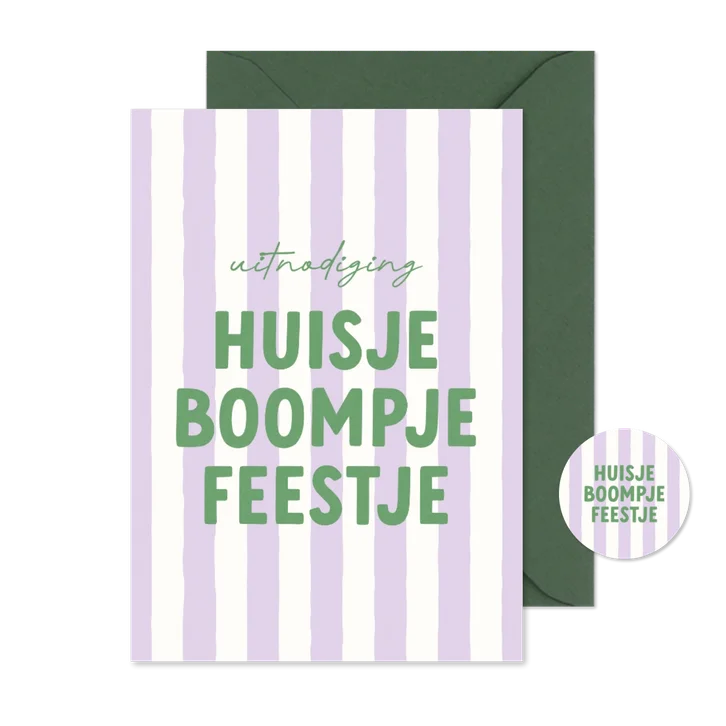 Uitnodiging huisje boompje feestje paars gestreept groen