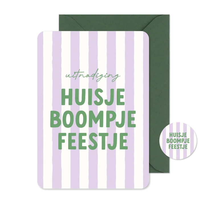 Uitnodiging huisje boompje feestje paars gestreept groen