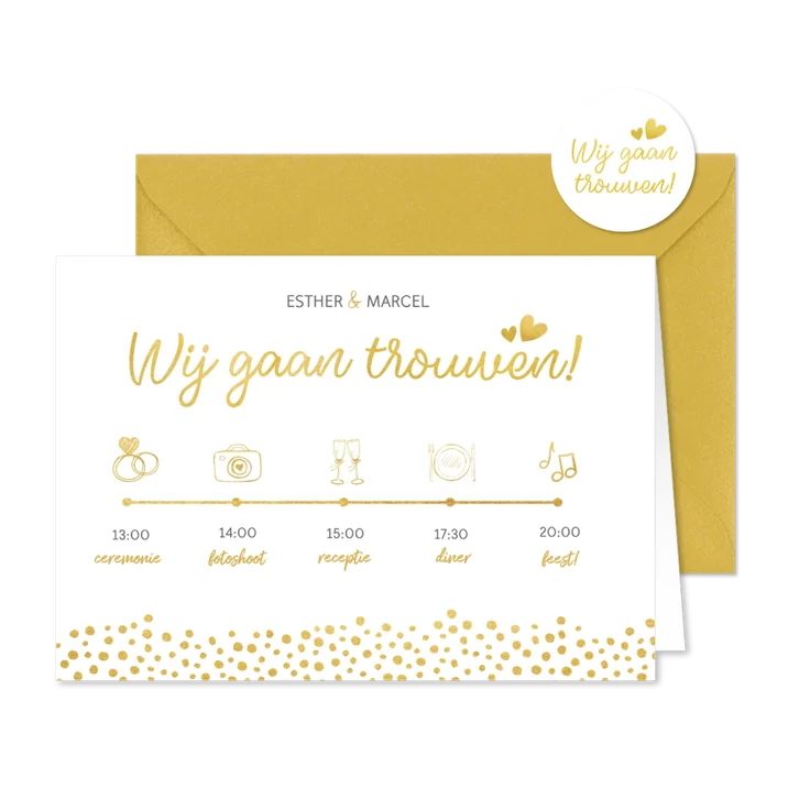 Uitnodiging huwelijk met een dagindeling tijdlijn goudlook