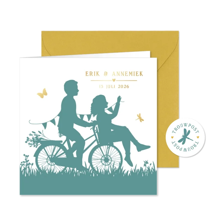 Uitnodiging huwelijk met silhouet van koppel op een fiets