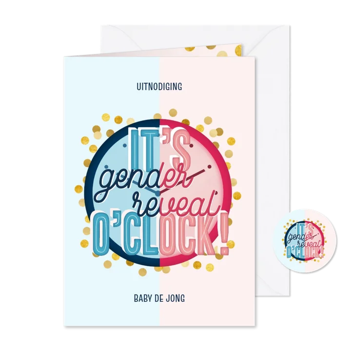 Uitnodiging 'it's genderreveal o'clock!' met confetti goud