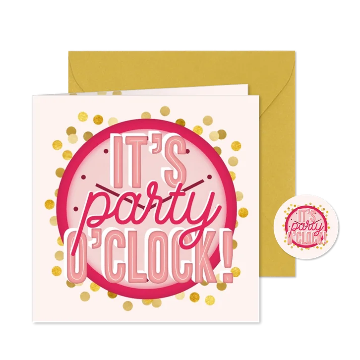 Uitnodiging it's party o'clock roze klok en gouden confetti