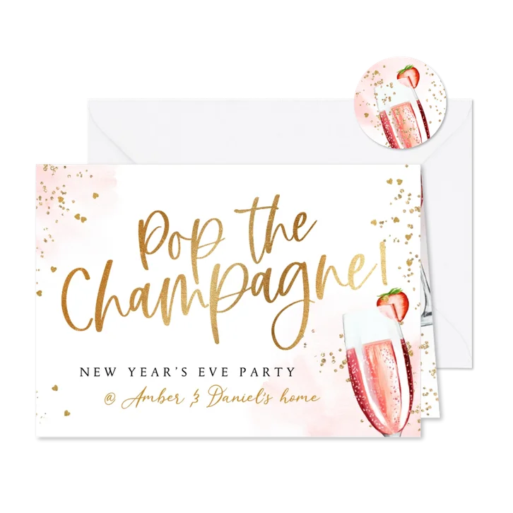 Uitnodiging jaarwisseling pink champagne goud