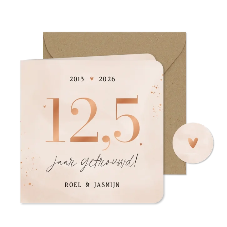 Uitnodiging jubileum 12,5 jaar getrouwd beige roze koper