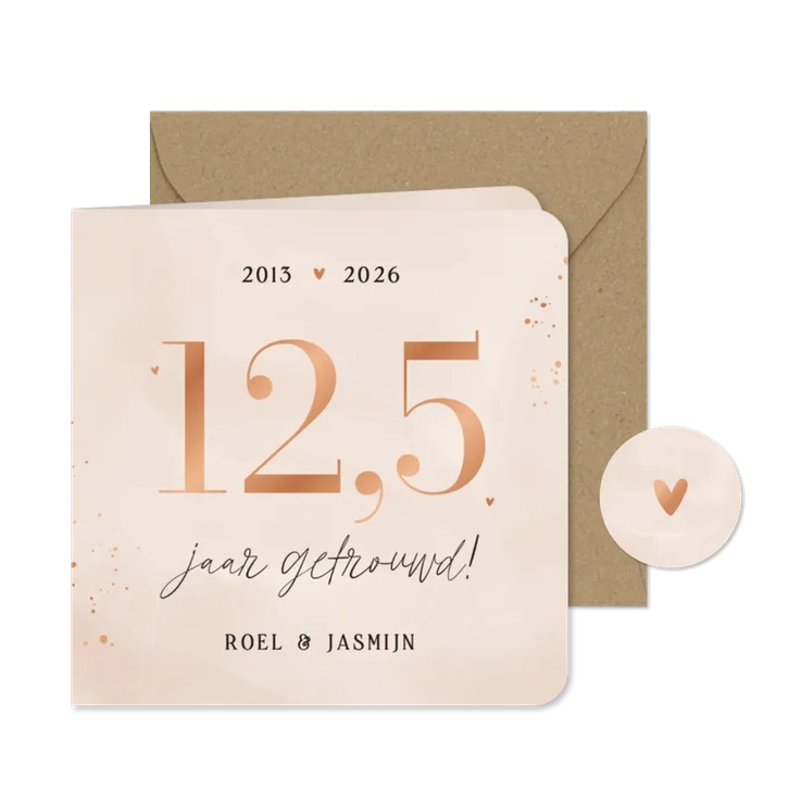 Uitnodiging jubileum 12,5 jaar getrouwd beige roze koper