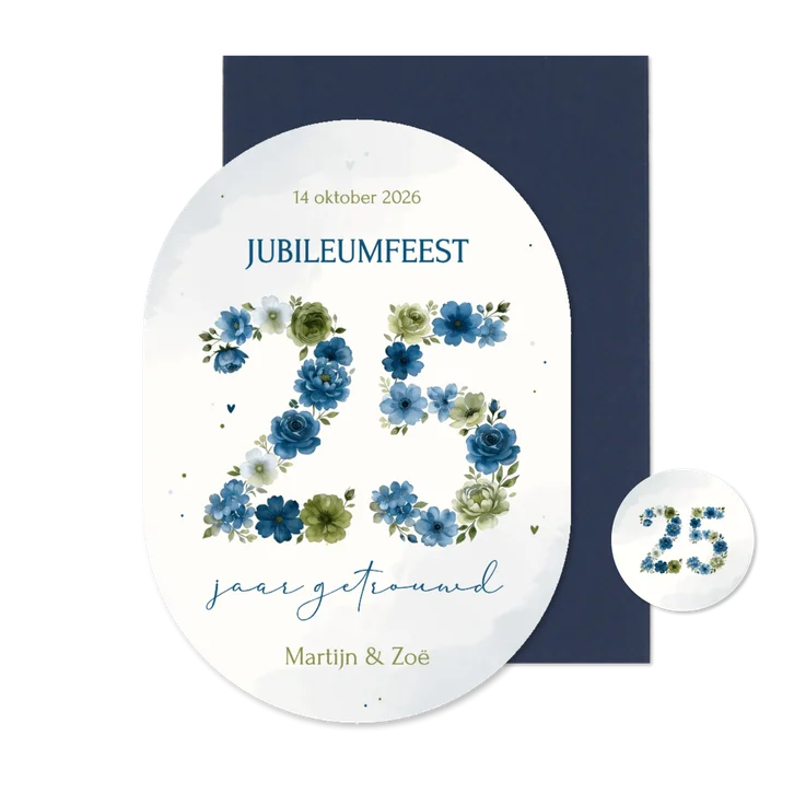 Uitnodiging jubileum 25 jaar in blauwe bloemen ovaal