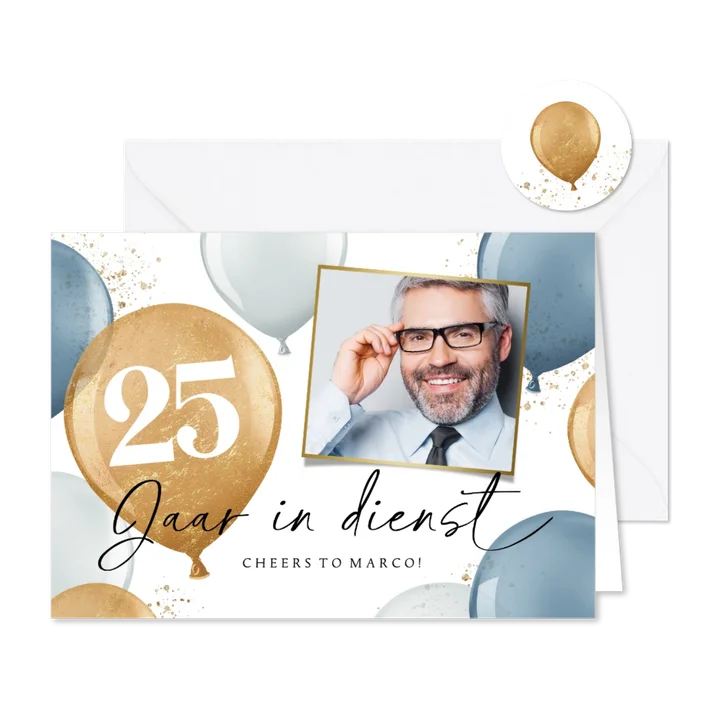 Uitnodiging jubileum 25 jaar in dienst ballonnen foto goud