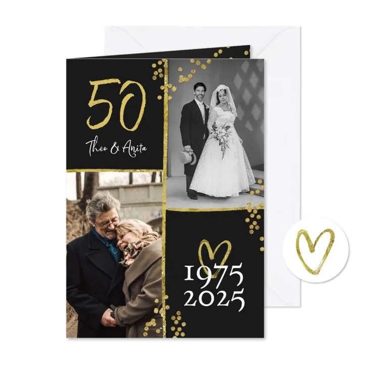 Uitnodiging jubileum 50 jaar getrouwd met twee trouwfoto's