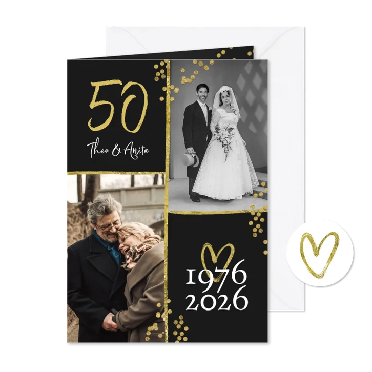 Uitnodiging jubileum 50 jaar getrouwd met twee trouwfoto's