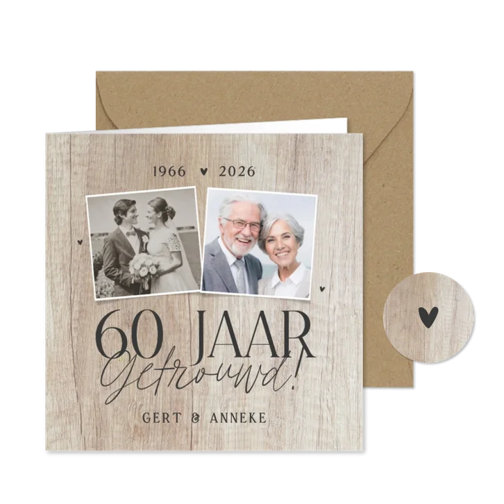 Uitnodiging jubileum 60 jaar getrouwd fotocollage licht hout