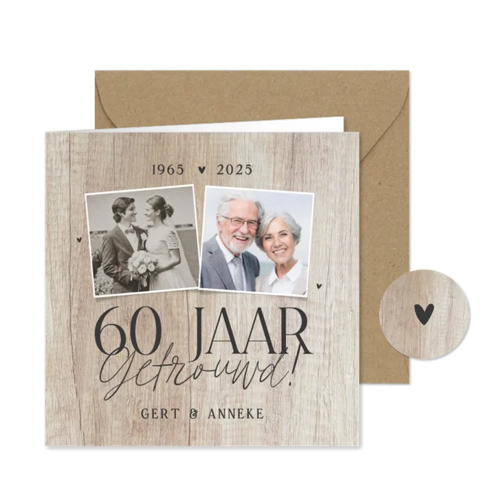 Uitnodiging jubileum 60 jaar getrouwd fotocollage licht hout