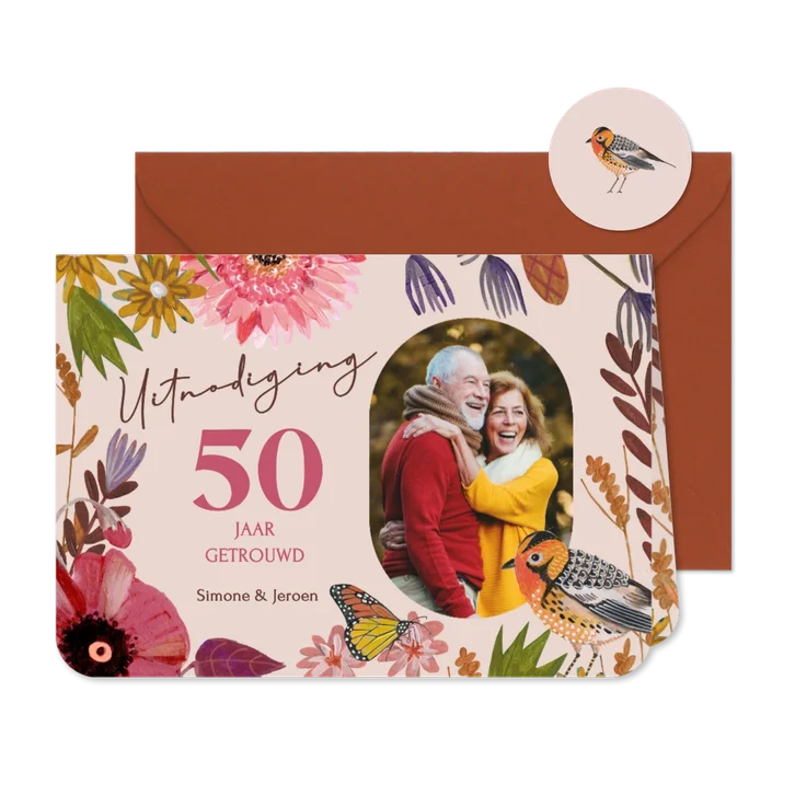 Uitnodiging jubileum bloemen, vogel en vlinder