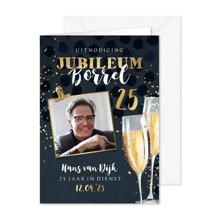 Uitnodiging jubileum borrel 25 jaar champagne goudfolie clip