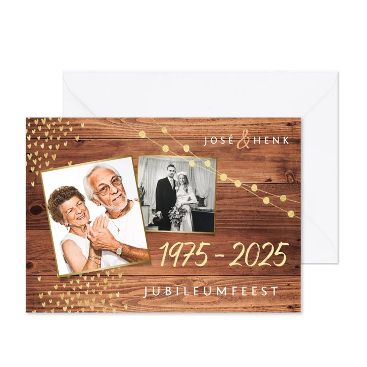 Uitnodiging jubileum goud hout stijlvol foto's hartjes