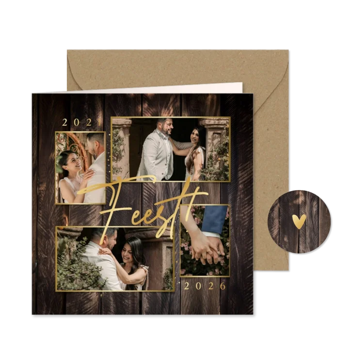 Uitnodiging jubileum houtlook fotocollage goud feestje