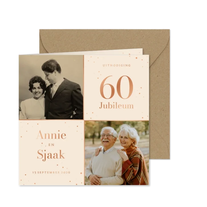 Uitnodiging jubileum met foto's en spetters koper