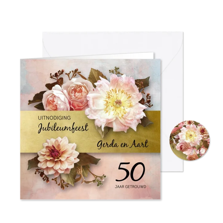 Uitnodiging jubileum stijlvolle bloemen oude meesters roze 