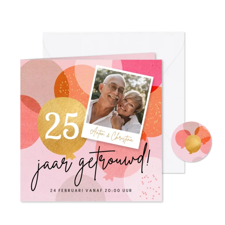 Uitnodiging jubileumfeest 25 jaar ballonnen en confetti