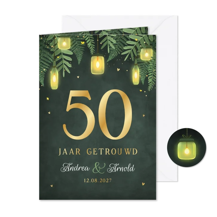 Uitnodiging jubileumfeest 50 goud lampjes tuinfeest