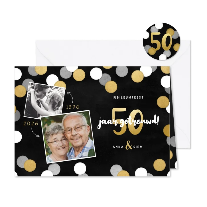 Uitnodiging jubileumfeest 50 jaar getrouwd confetti & foto's