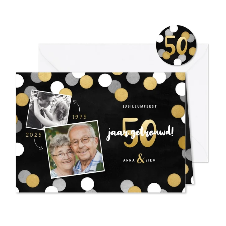 Uitnodiging jubileumfeest 50 jaar getrouwd confetti & foto's