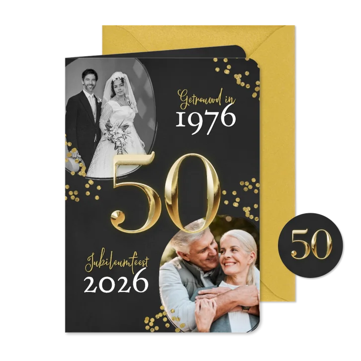 Uitnodiging jubileumfeest 50 jaar getrouwd confetti goud