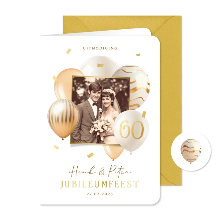 Uitnodiging jubileumfeest 60 jaar getrouwd ballonnen goud