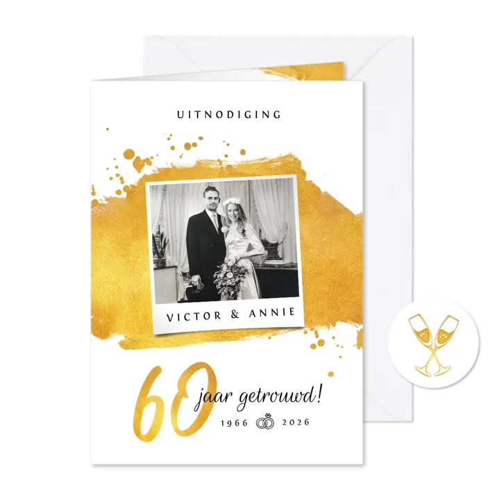 Uitnodiging jubileumfeest 60 jaar getrouwd goud foto cheers