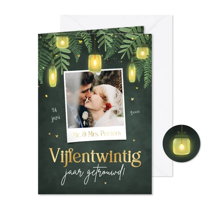 Uitnodiging jubileumfeest botanisch goud lampjes tuinfeest