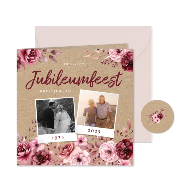 Uitnodiging jubileumfeest met vintage bloemen kraftpapier