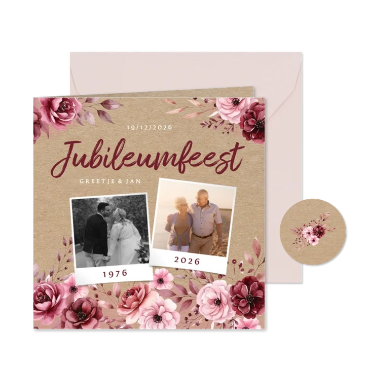 Uitnodiging jubileumfeest met vintage bloemen kraftpapier