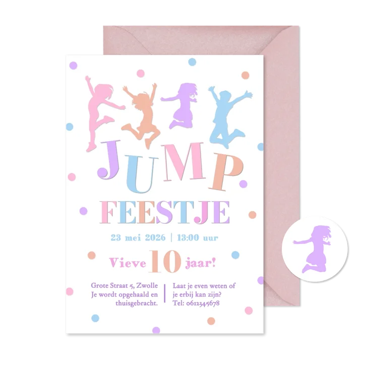 Uitnodiging jump feestje meisje wit met confetti