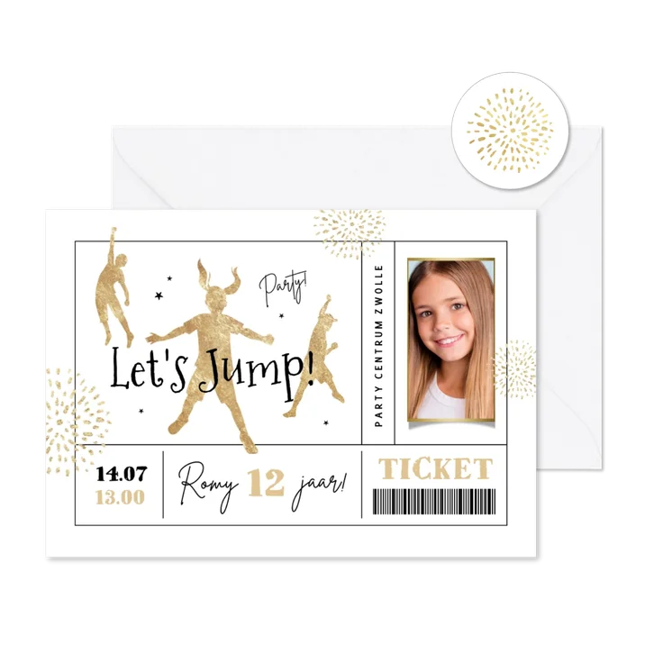 Uitnodiging jump party trampoline goud ticket foto