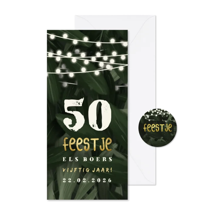 Uitnodiging jungle bladeren feestje met lampjes