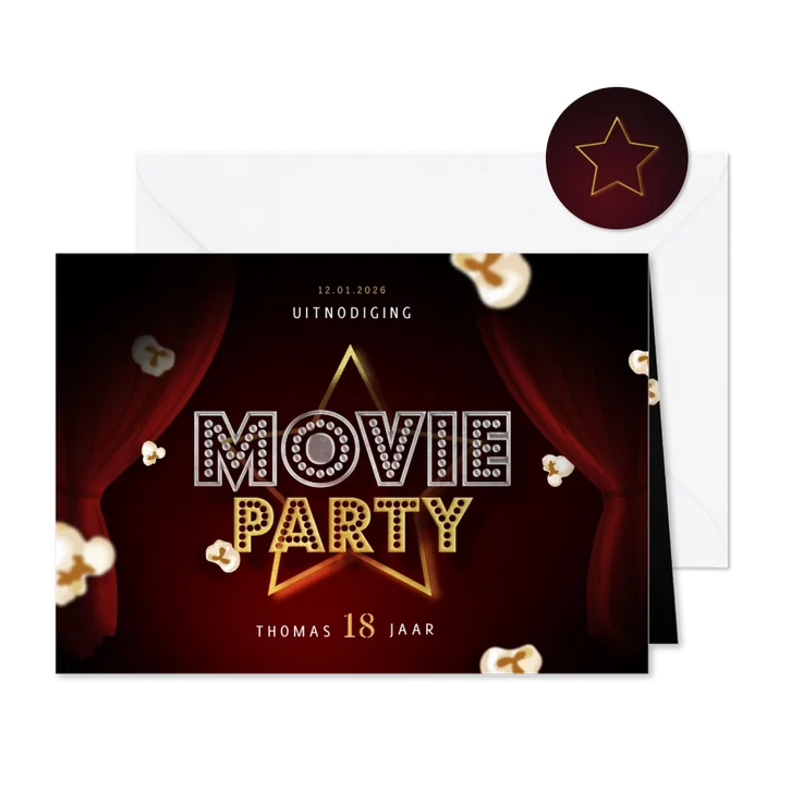 Uitnodiging kaartje bioscoop movie party popcorn