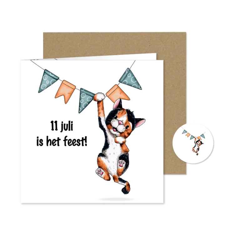 Uitnodiging kat hangt in de slingers