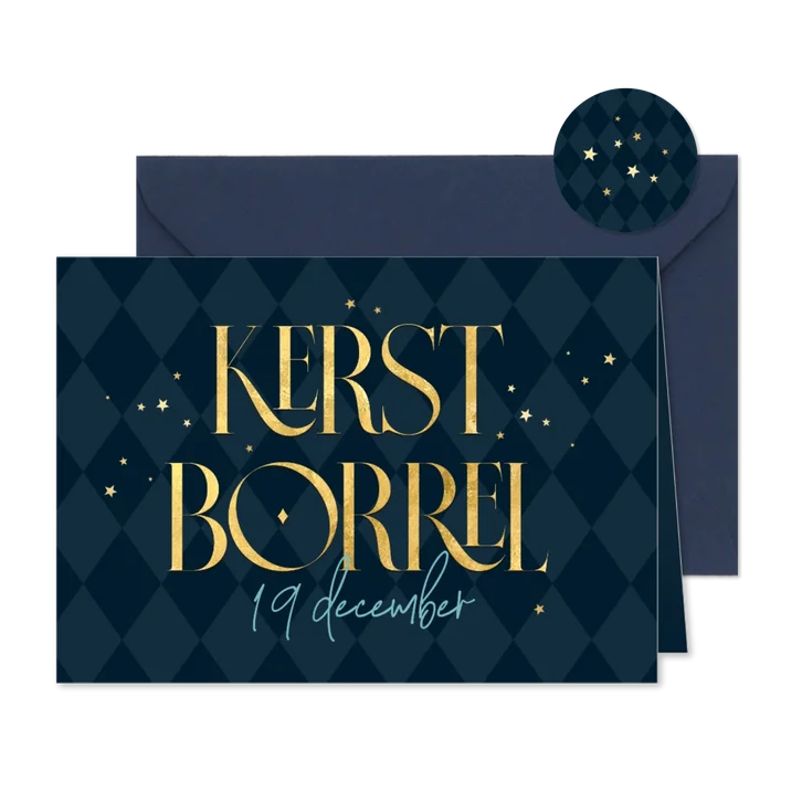 Uitnodiging kerstborrel goud ruitjes blauw zakelijk
