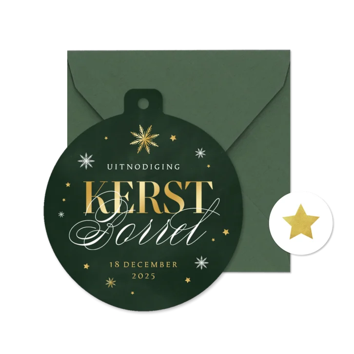 Uitnodiging kerstborrel kerstbal sneeuw sterren goud