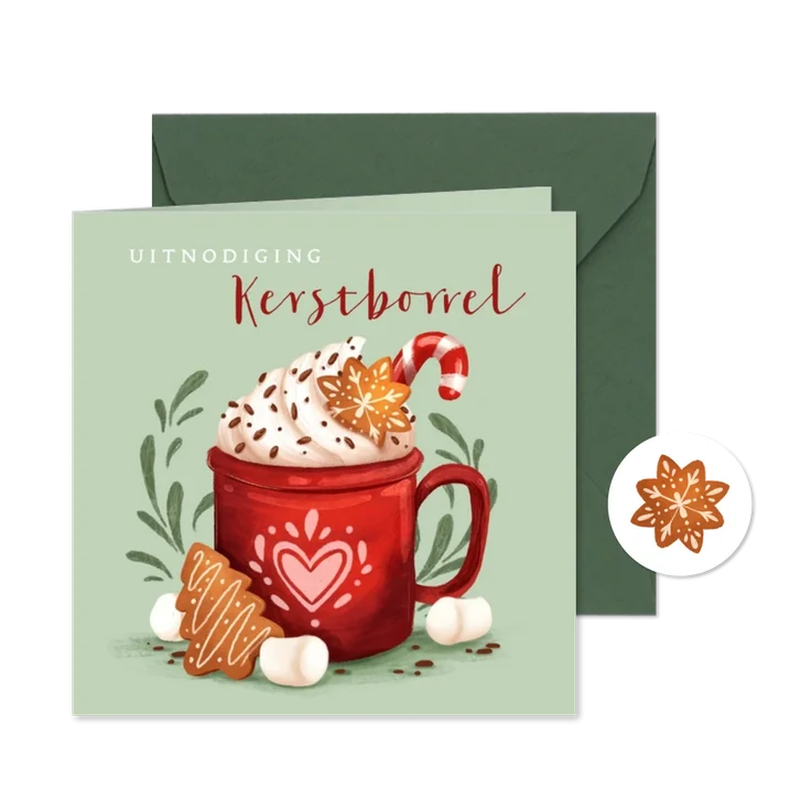 Uitnodiging kerstborrel met illustratie en kerstkoekjes