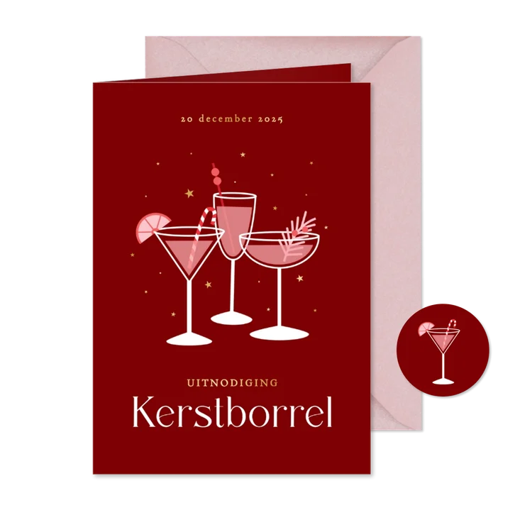 Uitnodiging kerstborrel met kerst cocktails gouden sterren