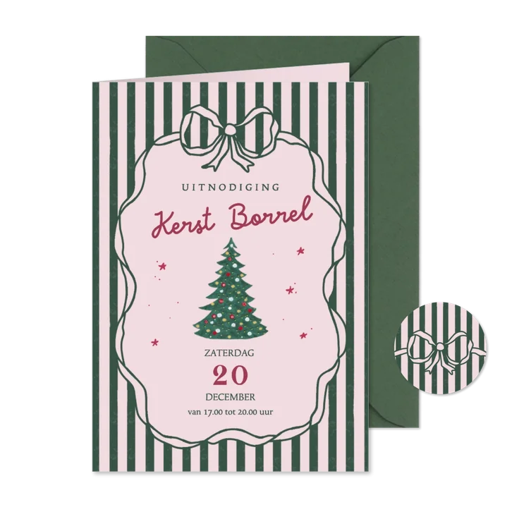 Uitnodiging kerstborrel strepen en strik kerstboom
