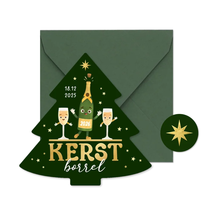 Uitnodiging kerstborrel zakelijk kerstboom vrolijk champagne