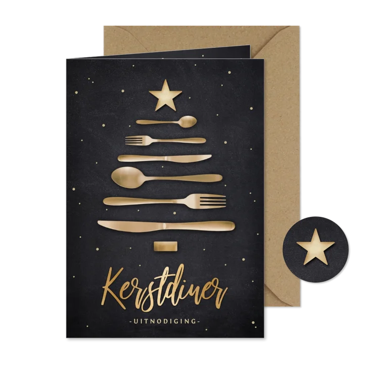 Uitnodiging kerstdiner bestek in kerstboom vorm
